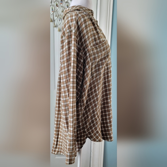 Pilcro Anthtopologie Crinkle Plaid Button-Up Women's L Cream Olive & Pink Flowy - Picture 4 of 12